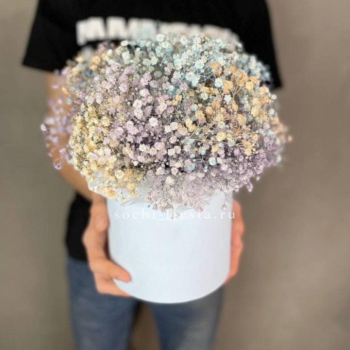 9 Радужных гипсофил в шляпной коробке в Хабаровске