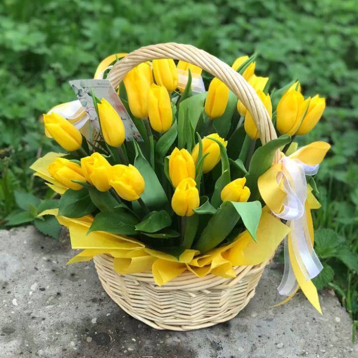 25 желтых тюльпанов в корзине в Хабаровске