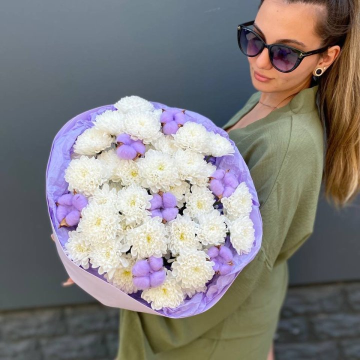  Букет  хризантем и хлопка в Хабаровске